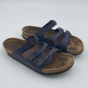 Birkenstock Florida blue three strap slip on leather sandals